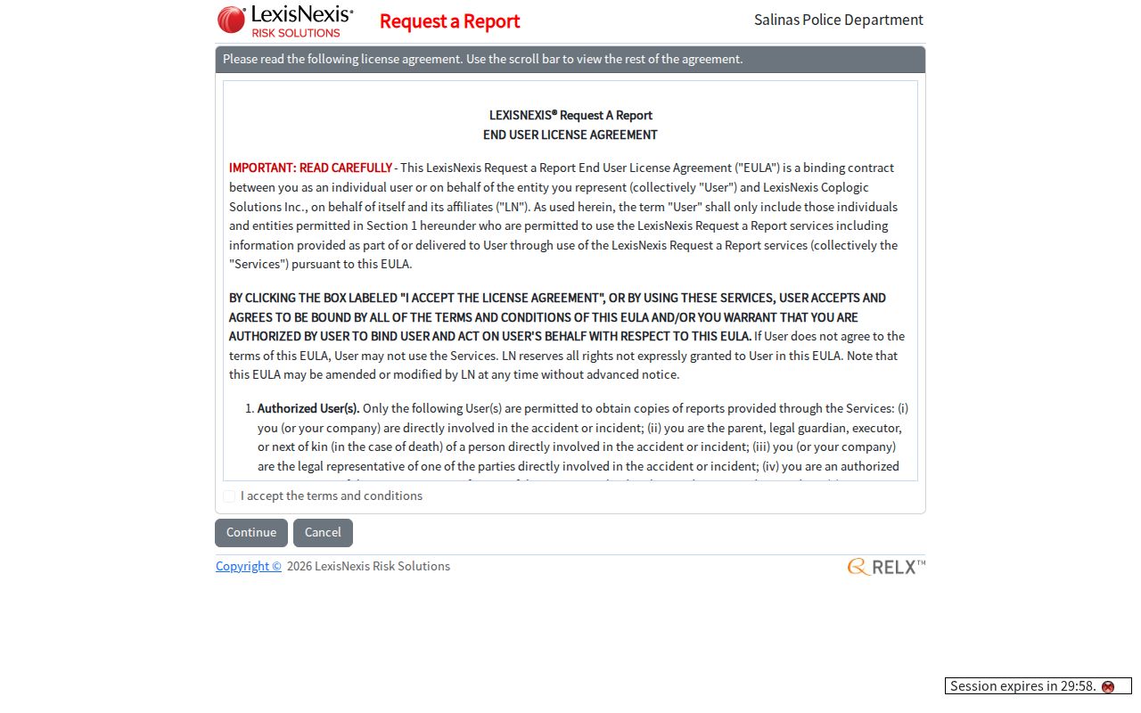 Salinas Police Coplogic report request interface