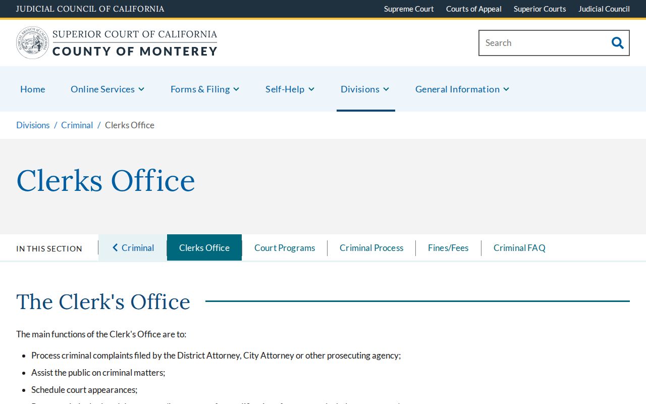 Monterey County criminal clerk office case services