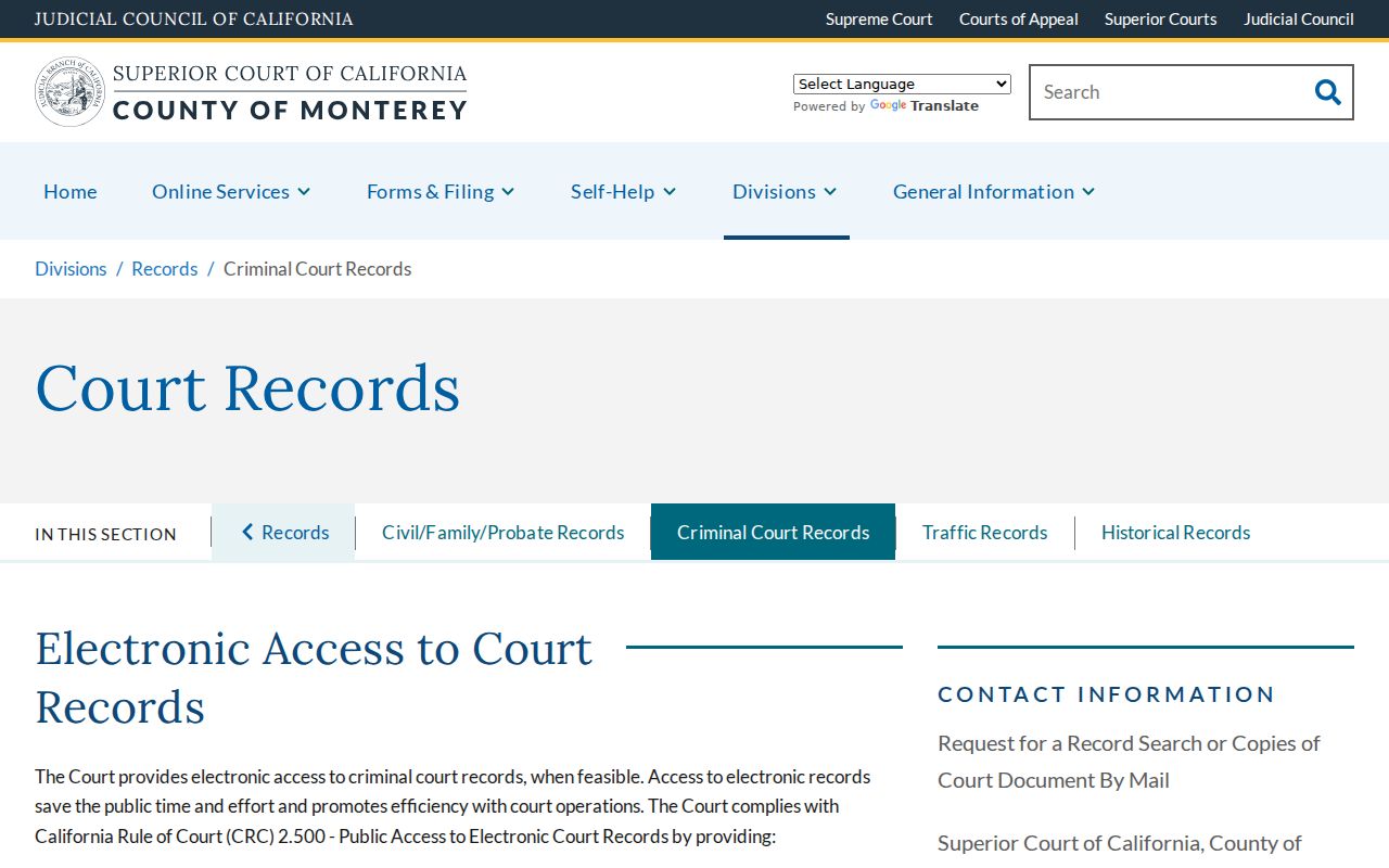 Monterey County criminal court records access page