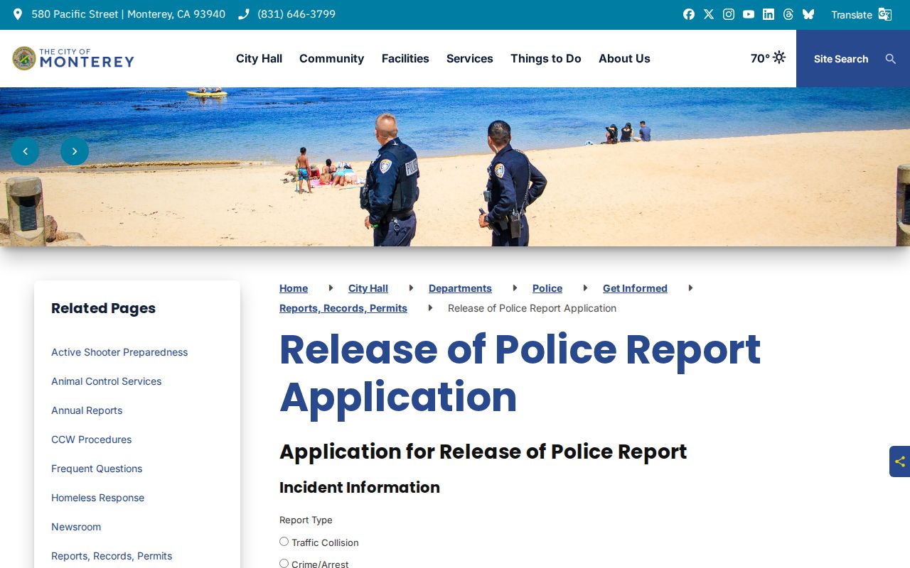 Monterey Police online release of police report application