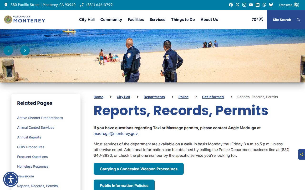 Monterey Police reports records and permits page