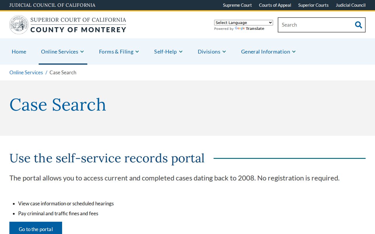 Monterey County criminal history case search page
